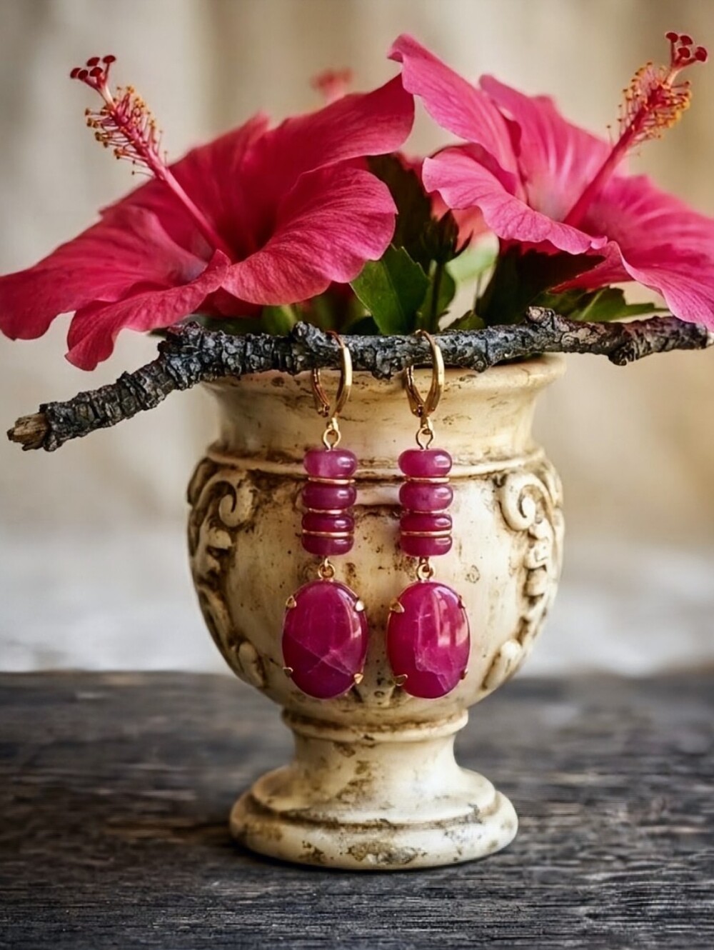 Fuchsia Hot Pink Jade In Drop Down 18K Gold Plated Earrings - Picture 7 of 7
